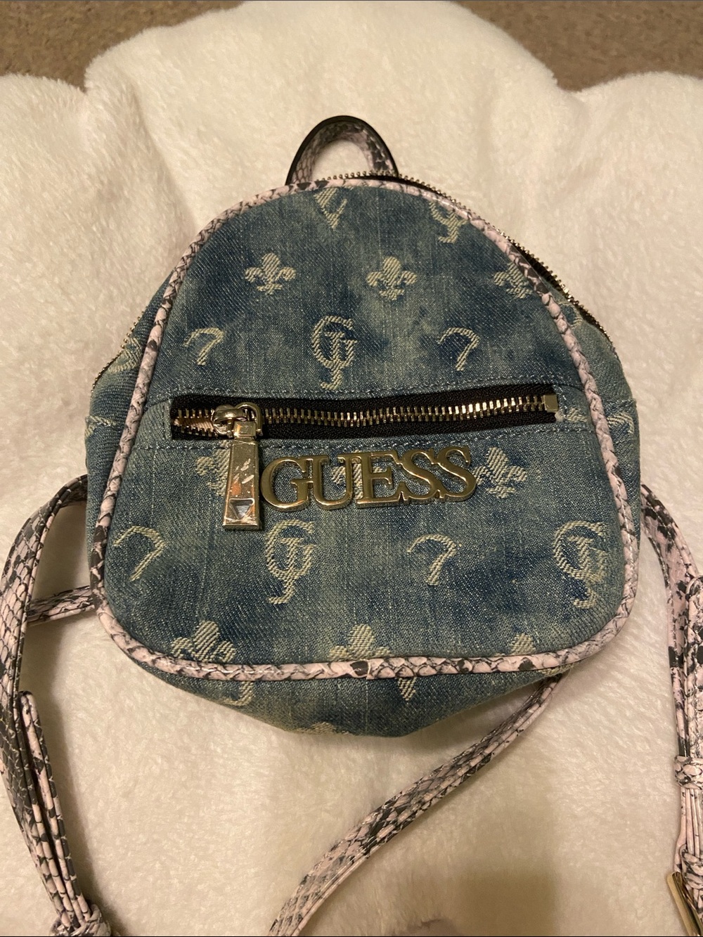Guess Blue Denim Mini Backpack with Pink Braided Trim